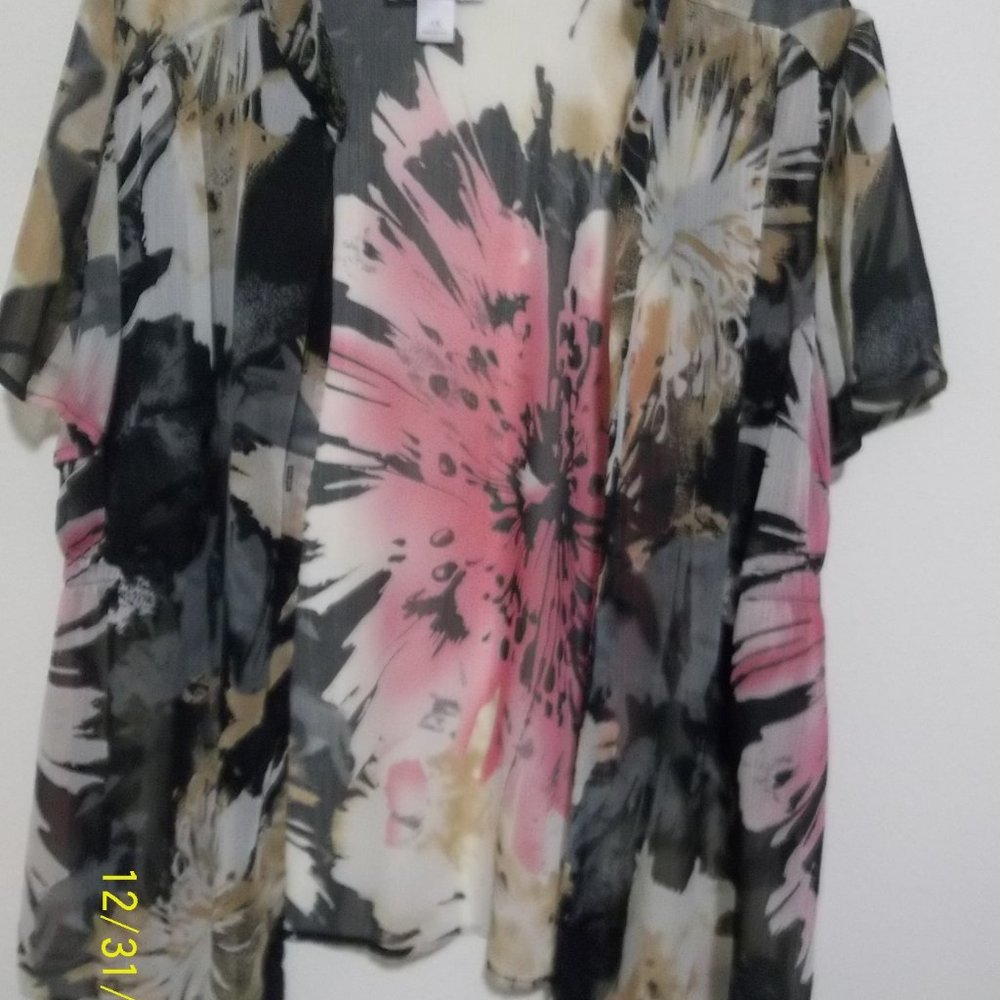 Cute CJ Banks Size 1X Sheer Multi-Colored Short Sleeve Button Front Blouse